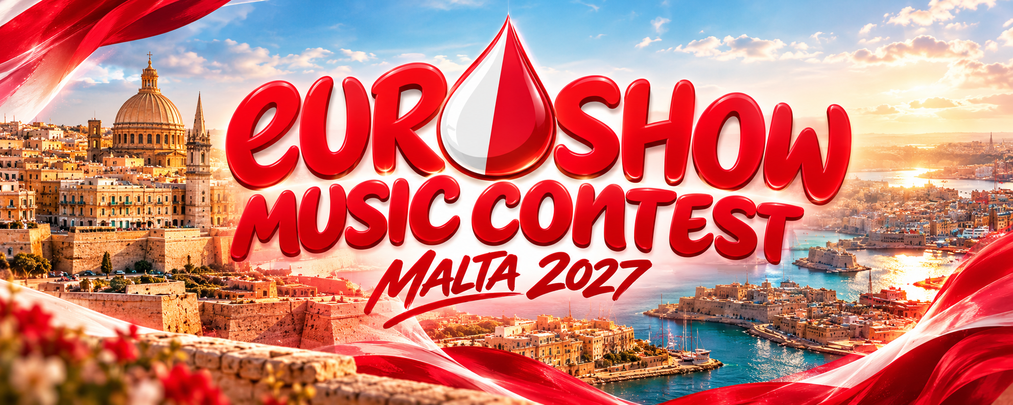 Euroshow Music Contest — Malta 2027. Official artwork overlooking Malta’s harbour at sunset, with the red-and-white Euroshow logo.